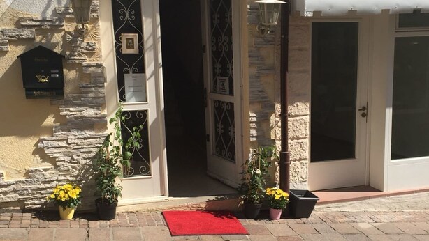 A building entrance with a red carpet, potted plants, and a mailbox. - Pension Nathalie Leser (Baden-Baden)