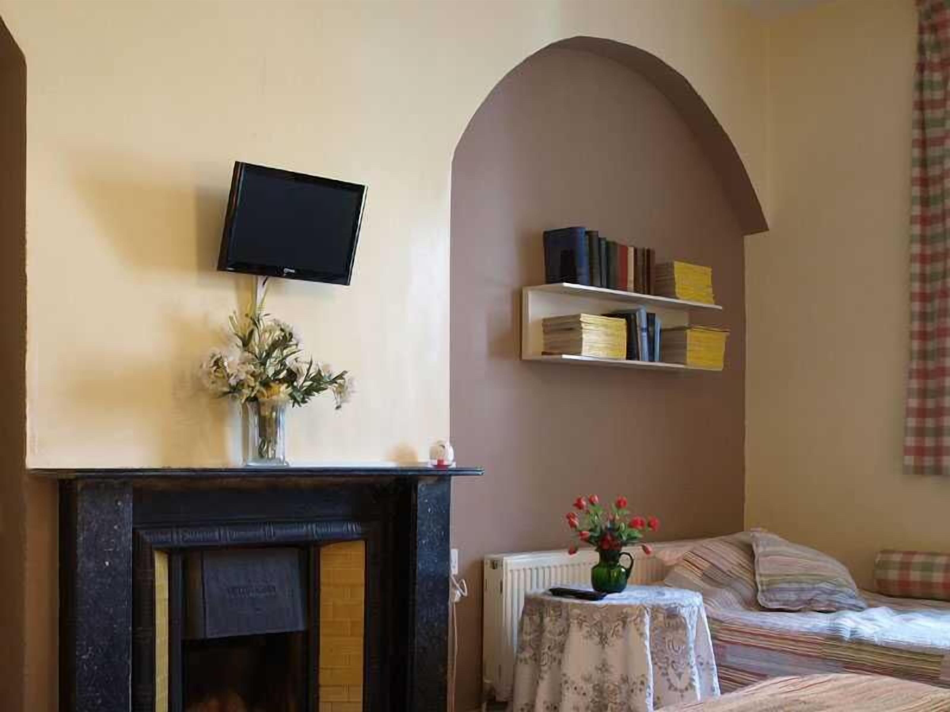 Une pièce chaleureuse avec une cheminée, un téléviseur fixé au-dessus, une bibliothèque et un lit recouvert d’une couverture à carreaux.