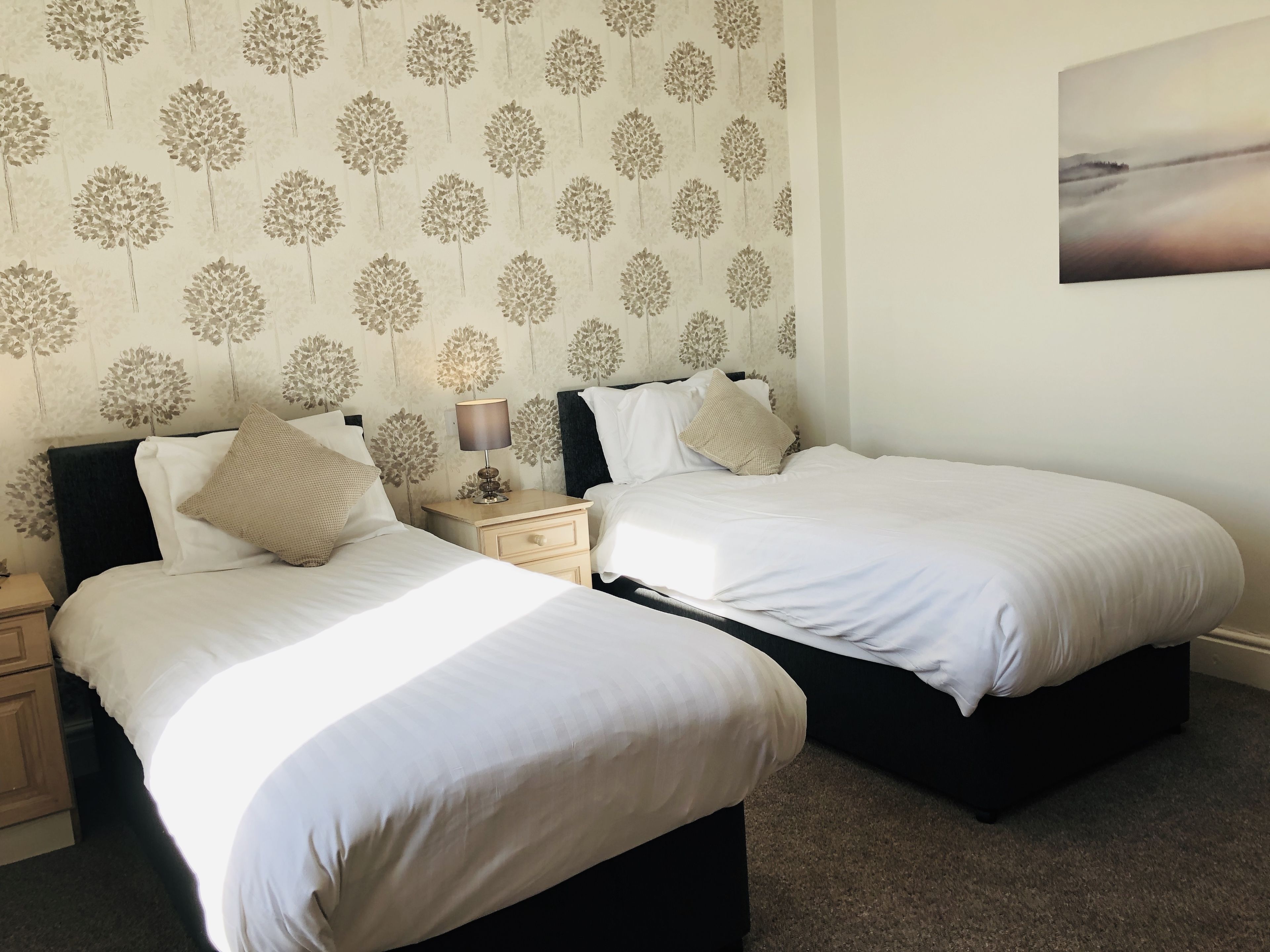 A double room with two beds, a nightstand, and a lamp.