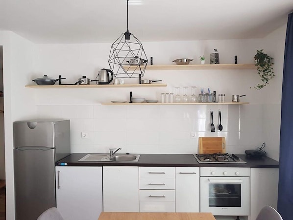 Appartement, 1 chambre | Cuisine privée | Grand réfrigérateur, plaque de cuisson, bouilloire électrique