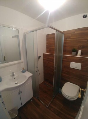 Appartement, 1 chambre | Salle de bain | Douche, serviettes fournies, savon, papier toilette