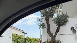 Een auto geparkeerd op een oprit, met een potplant en een boom.