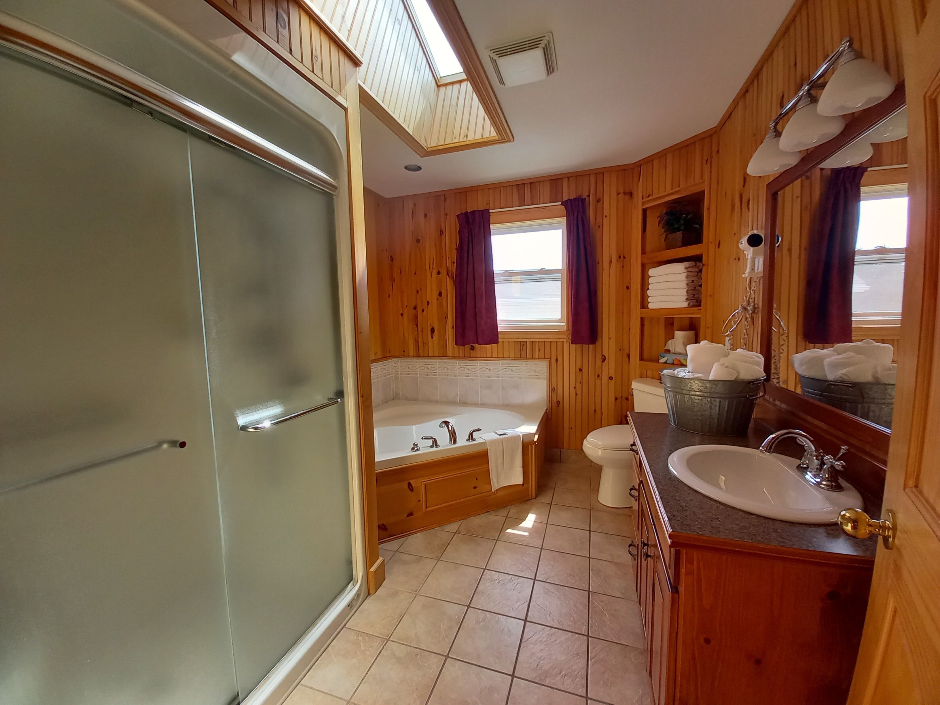 # 15 - The Shirley (Private Hot Tub) | Bathroom | Separate tub and shower, deep soaking tub, hair dryer, towels