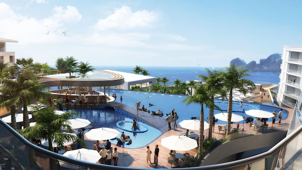 A resort with a large pool, palm trees, and a view of the ocean. - PARTY on Cabo Villas & Mango Deck Executive Suite (El Medano)