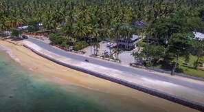 A coastal road with a beach on one side, lined with palm trees and houses.