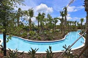 Une piscine à bord incurvé, entourée de palmiers et d’autres plantes vertes.