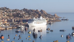 A large cruise ship docked at a port with numerous small boats in the water. - Lunoma Departamento (Coquimbo)