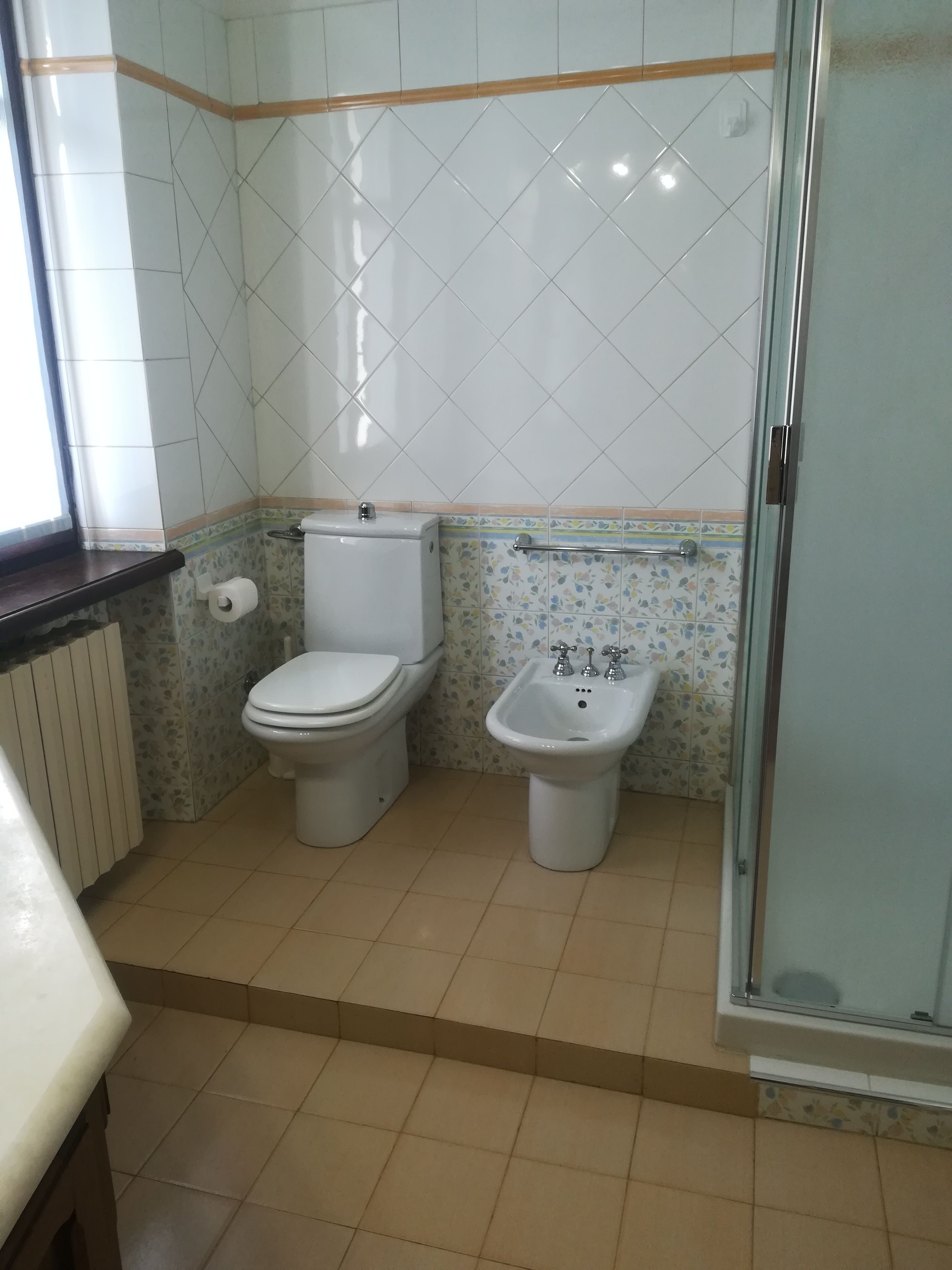 A bathroom with a toilet, bidet, and a shower area.