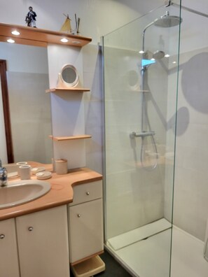 Combined shower/tub, hair dryer, towels