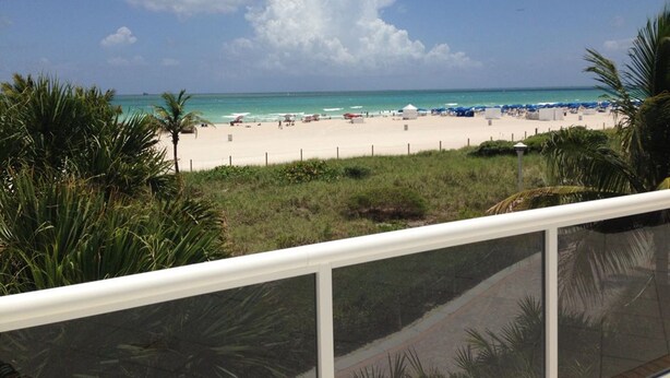 A beach view with a white railing, palm trees, and a clear sky. - Beautiful Studio on the Beach at The Decoplage (Miami Beach)