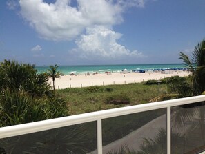 A beach view with a white railing, palm trees, and a clear sky. - Beautiful Studio on the Beach at The Decoplage (Miami Beach)