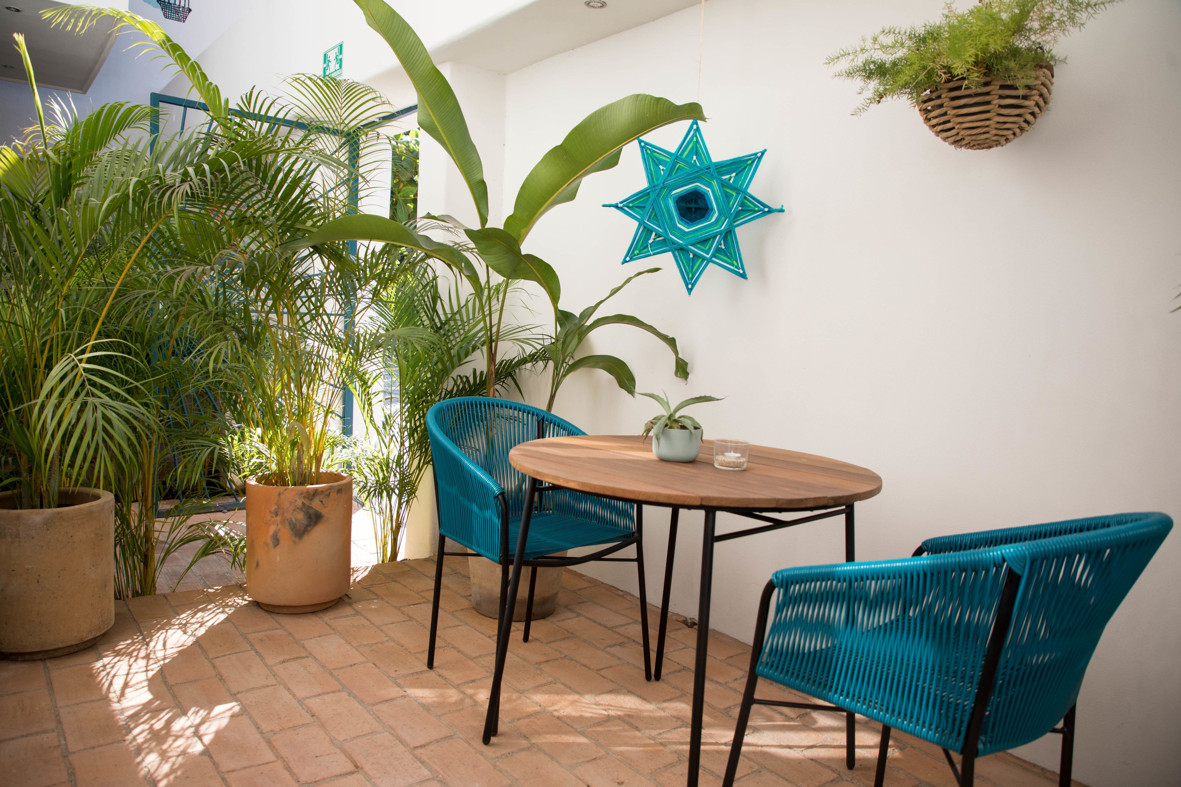 A patio with a round wooden table, two blue chairs, and a potted plant.