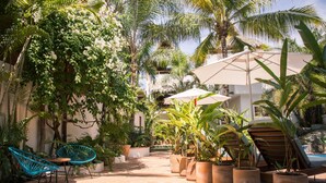 A patio with potted plants, a wooden table, and two blue chairs. - PAL.MAR Hotel Tropical (San Francisco)
