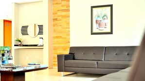 A modern living room with a grey sofa, a coffee table, a wall-mounted mirror, and a framed picture of plants. - Hotel Executivo (Araguaina)