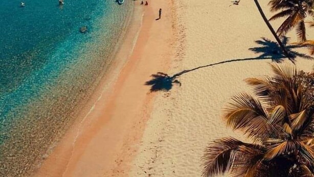 A beach with clear turquoise water, palm trees, and people swimming and sunbathing. - Colinas del Atlantico for 18 People (Isabela)