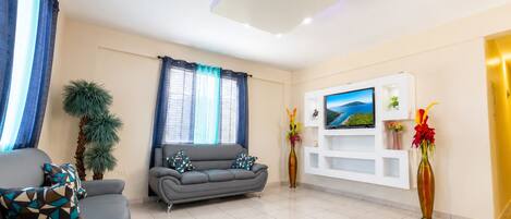 A modern living room with a grey sofa, a flat-screen TV mounted on a white wall, a potted plant, and a vase with flowers.