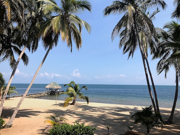 On the beach, sun-loungers, beach towels
