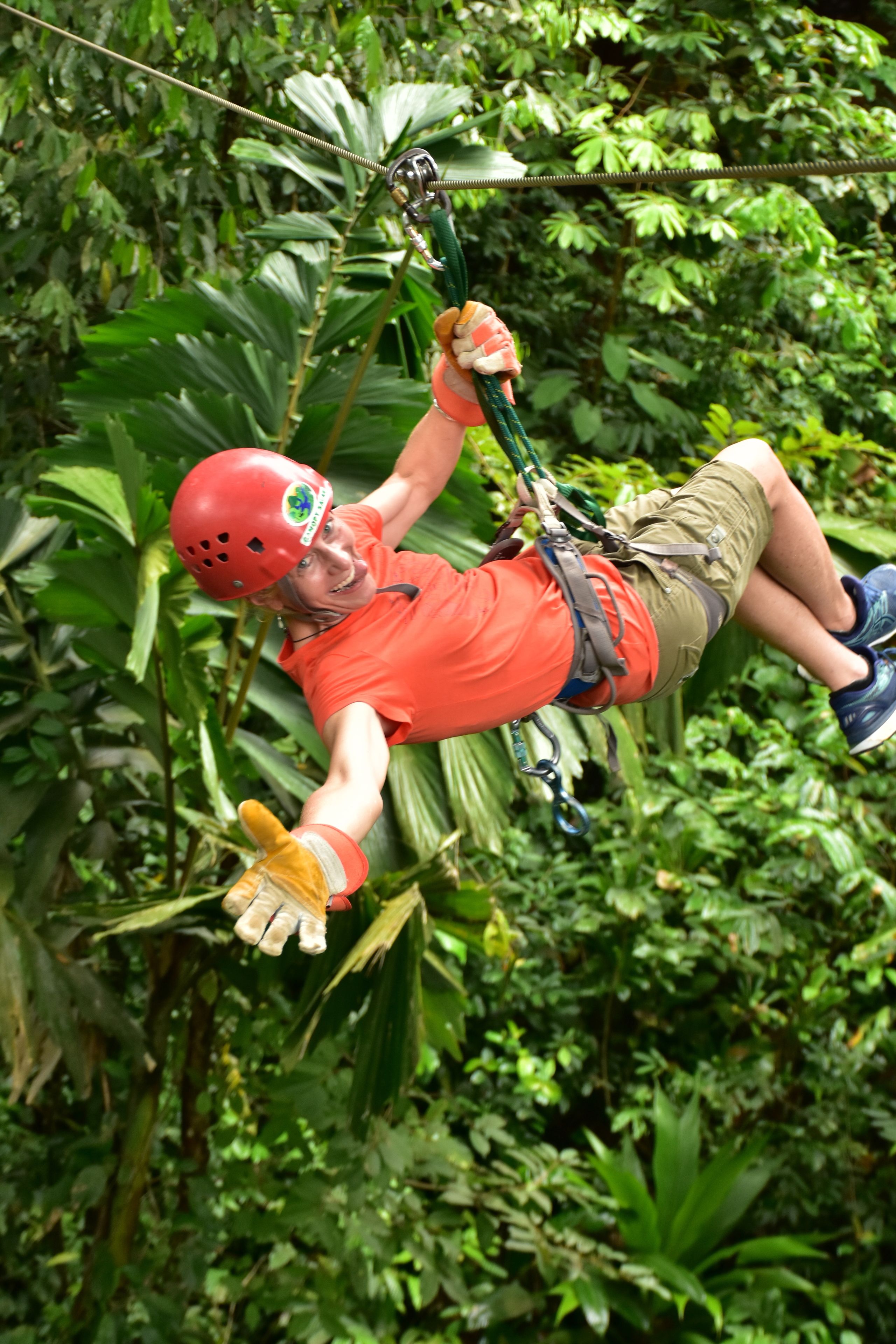 A person zip-lining through a dense, green forest.