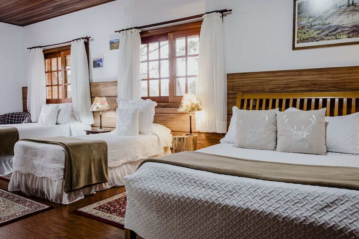 Habitación de hotel con dos camas, cabeceros de madera, ropa de cama blanca y un ventanal con cortinas.