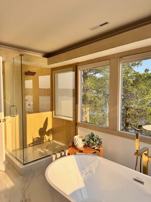Bathtub, jetted tub, hair dryer, towels