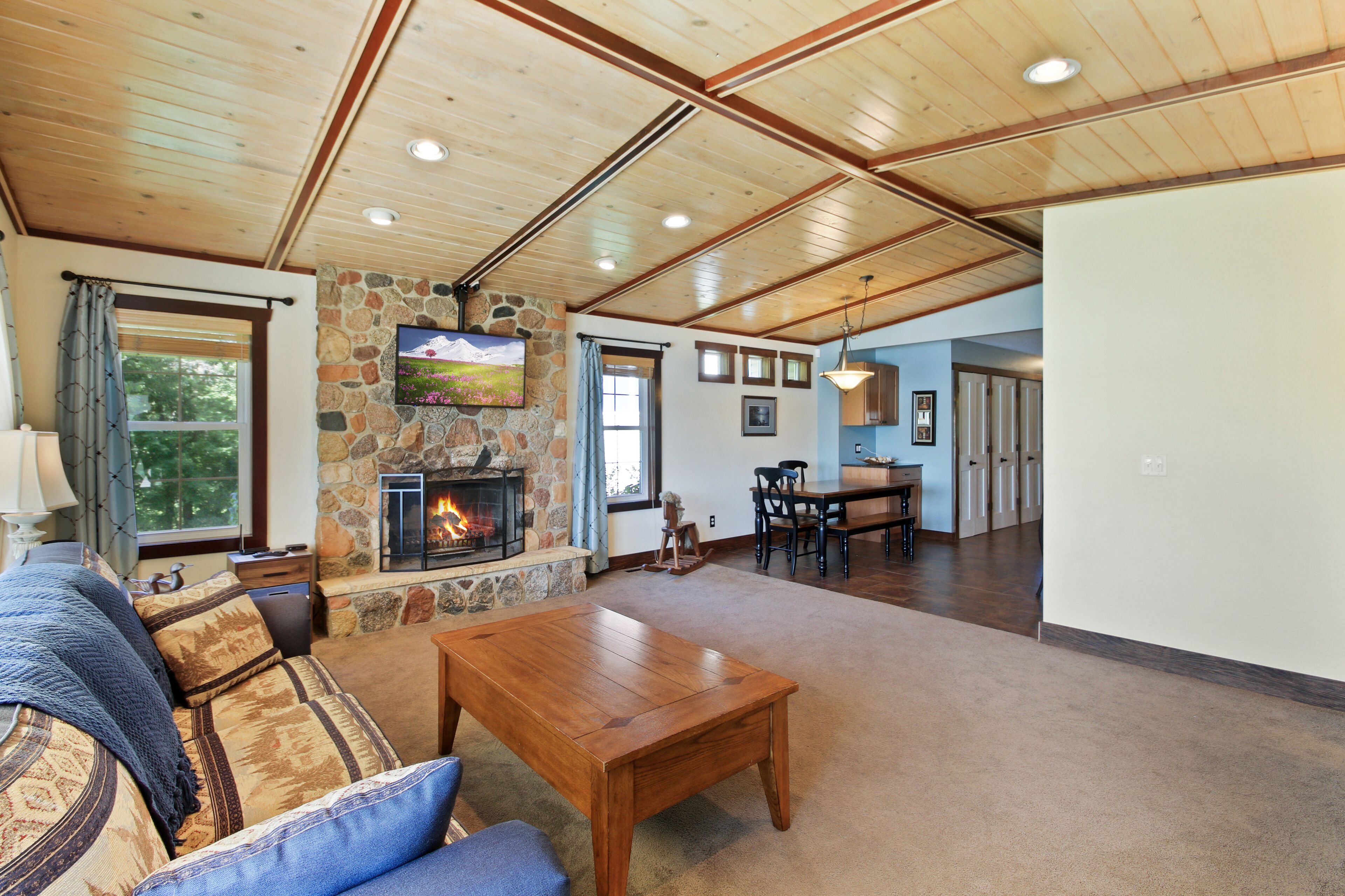 Smart TV, fireplace, video games, DVD player