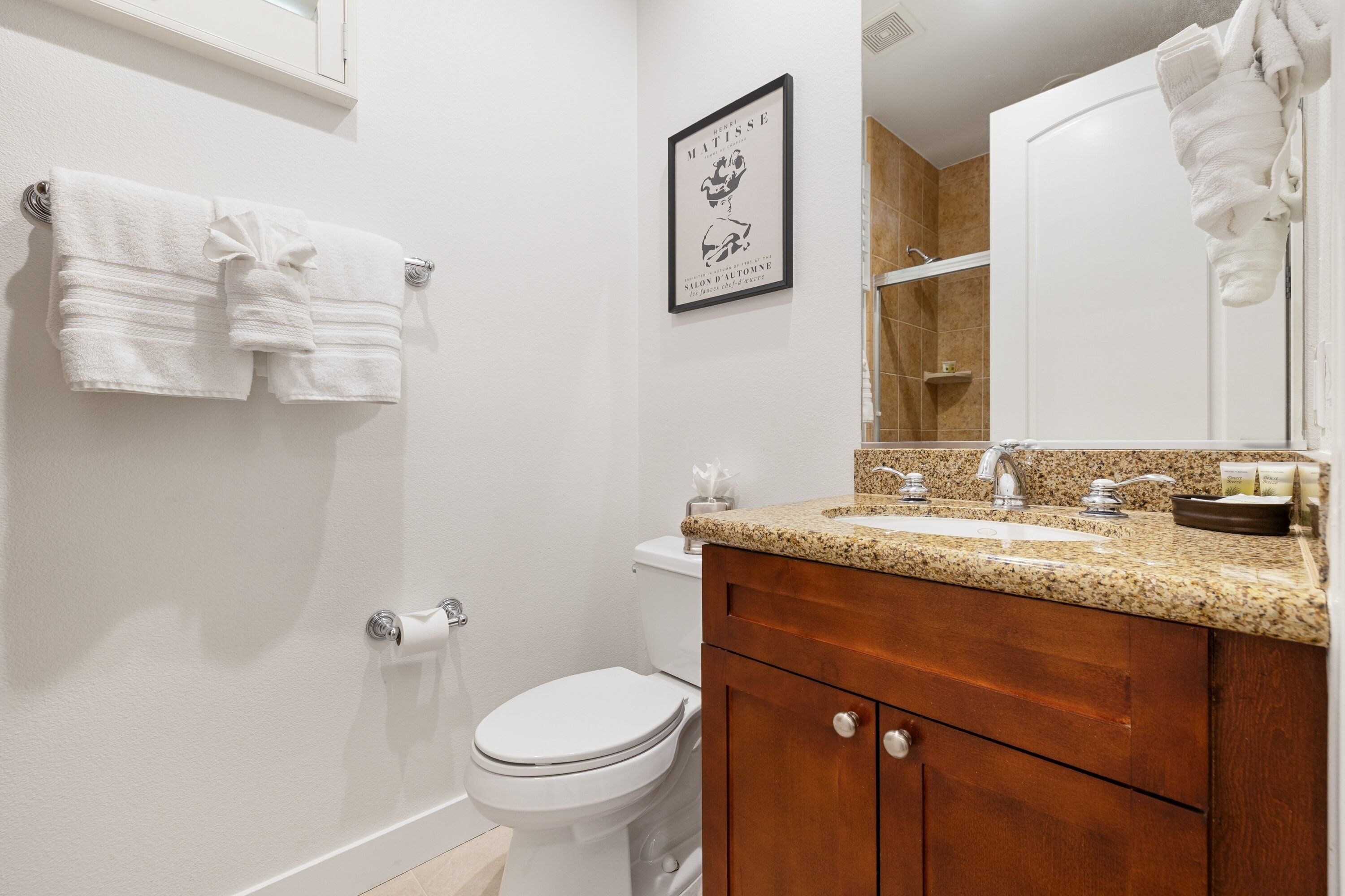 A bathroom with a white toilet, a sink with a granite countertop, and wooden cabinets.