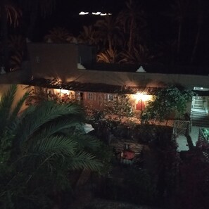 A nighttime view of a building with a lit entrance, surrounded by greenery and palm trees. - Riad Dar Zaouia (Zagora)