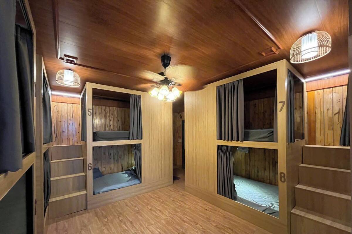 A room with bunk beds, wooden walls, and a ceiling fan.
