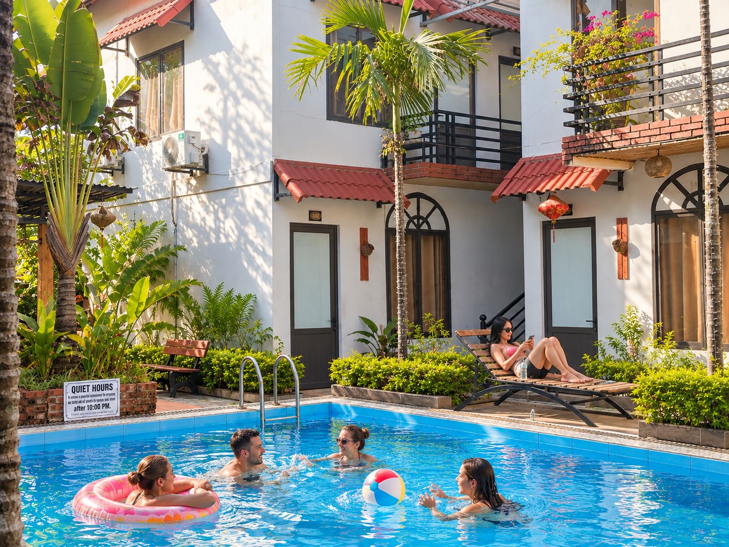 A swimming pool area with lounge chairs and a sign indicating quiet hours.