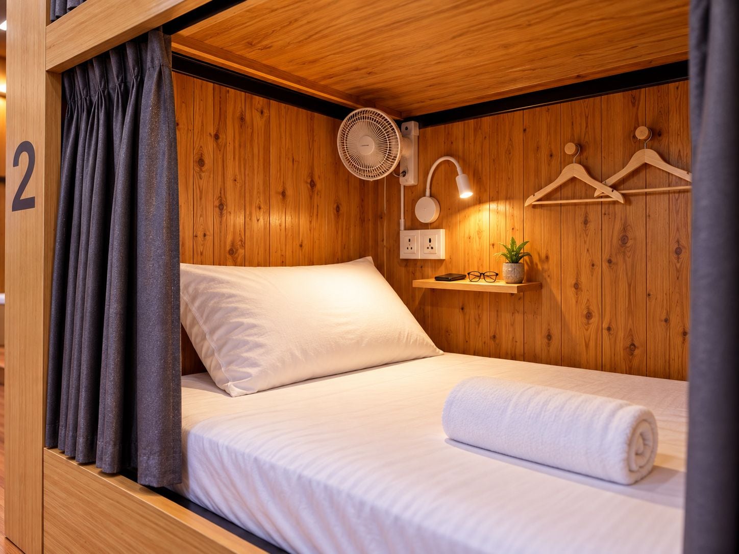 A single bed with white bedding, a bedside table with a lamp, a wall-mounted fan, and a shelf with a plant and glasses.