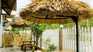 A covered outdoor seating area with thatched umbrellas, stone flooring, and wooden benches. - Tam Coc Mandala Villa & Homestay  (Nam Hoa Lu)