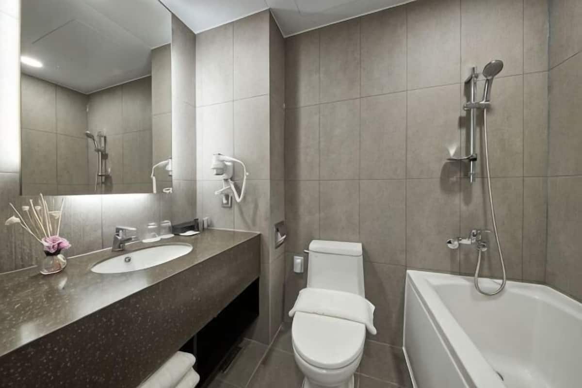 Bathroom | Combined shower/tub, free toiletries, hair dryer, bathrobes