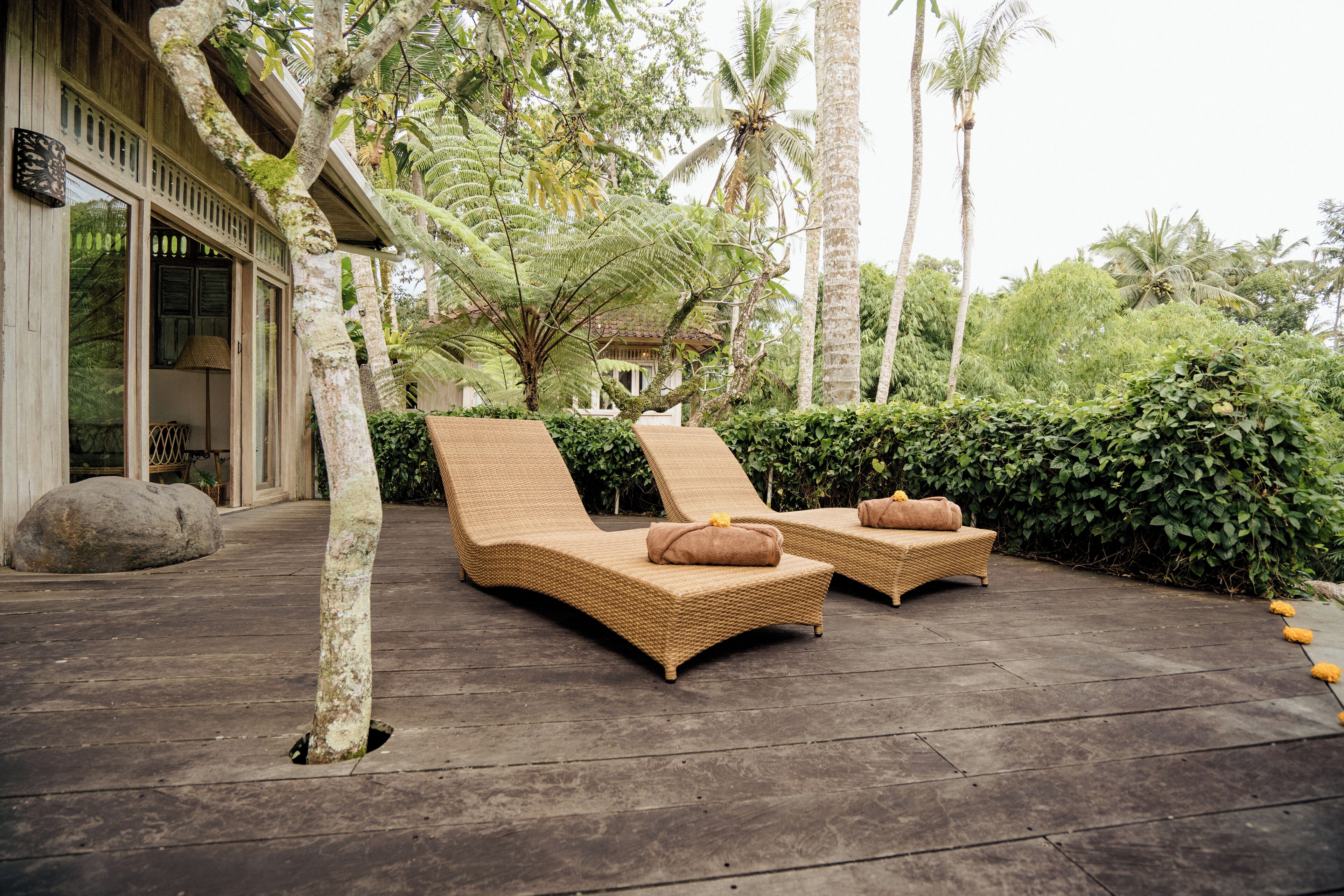 Una terraza de madera con dos sillones de mimbre, una roca grande y un seto verde exuberante.