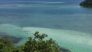 A coastal landscape with clear turquoise waters, a distant island, and lush greenery in the foreground.