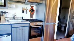A modern kitchen with stainless steel appliances, wooden cabinets, and a built-in oven. - The Taiga 2, Studio Apartment (Healy)
