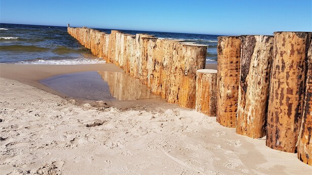 A sandy beach with wooden groynes and a clear blue sky.