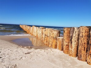 A sandy beach with wooden groynes and a clear blue sky.