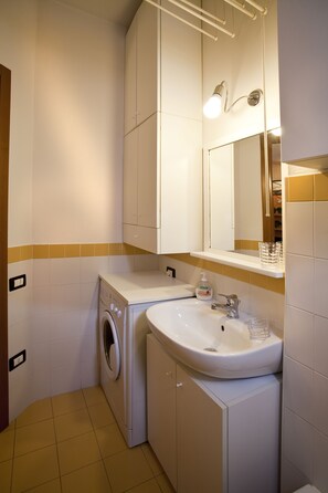 Hair dryer, towels, toilet paper