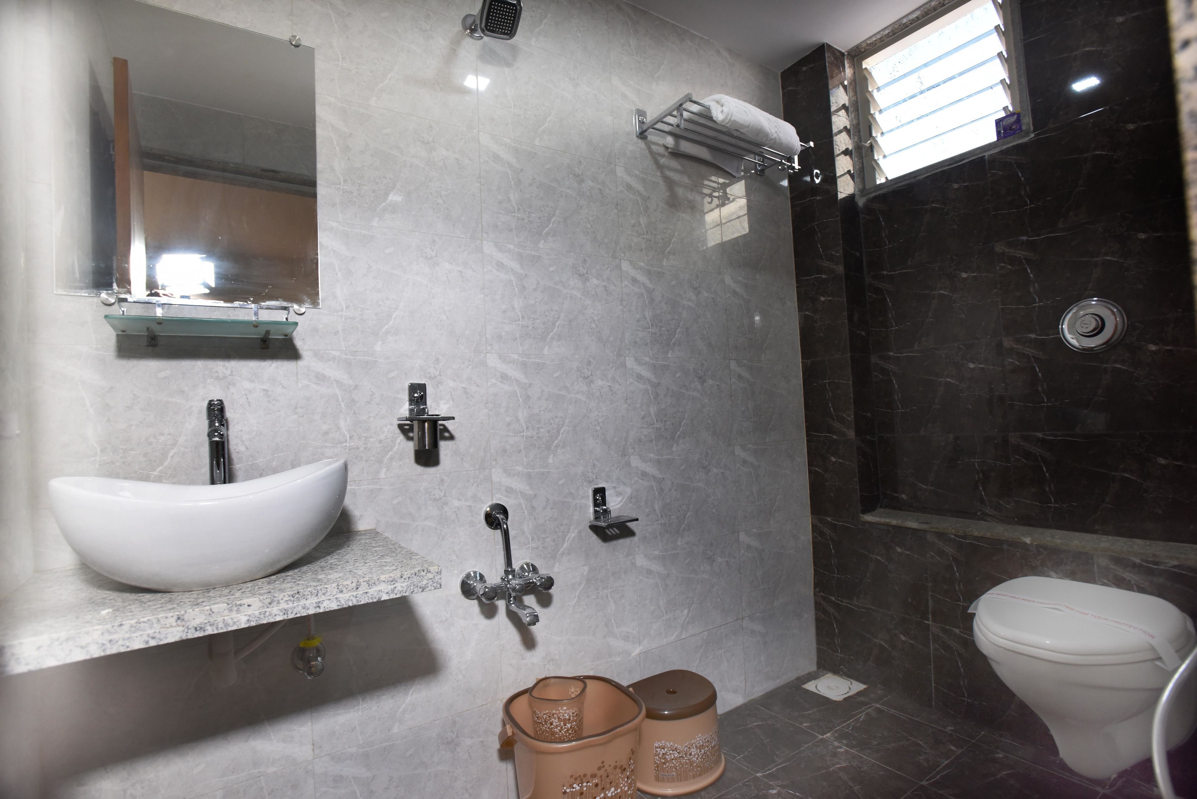 Shower, slippers, towels