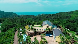 A large, modern house with a spacious driveway, surrounded by lush greenery and a view of the ocean. - Shonan OVA (Yokosuka)