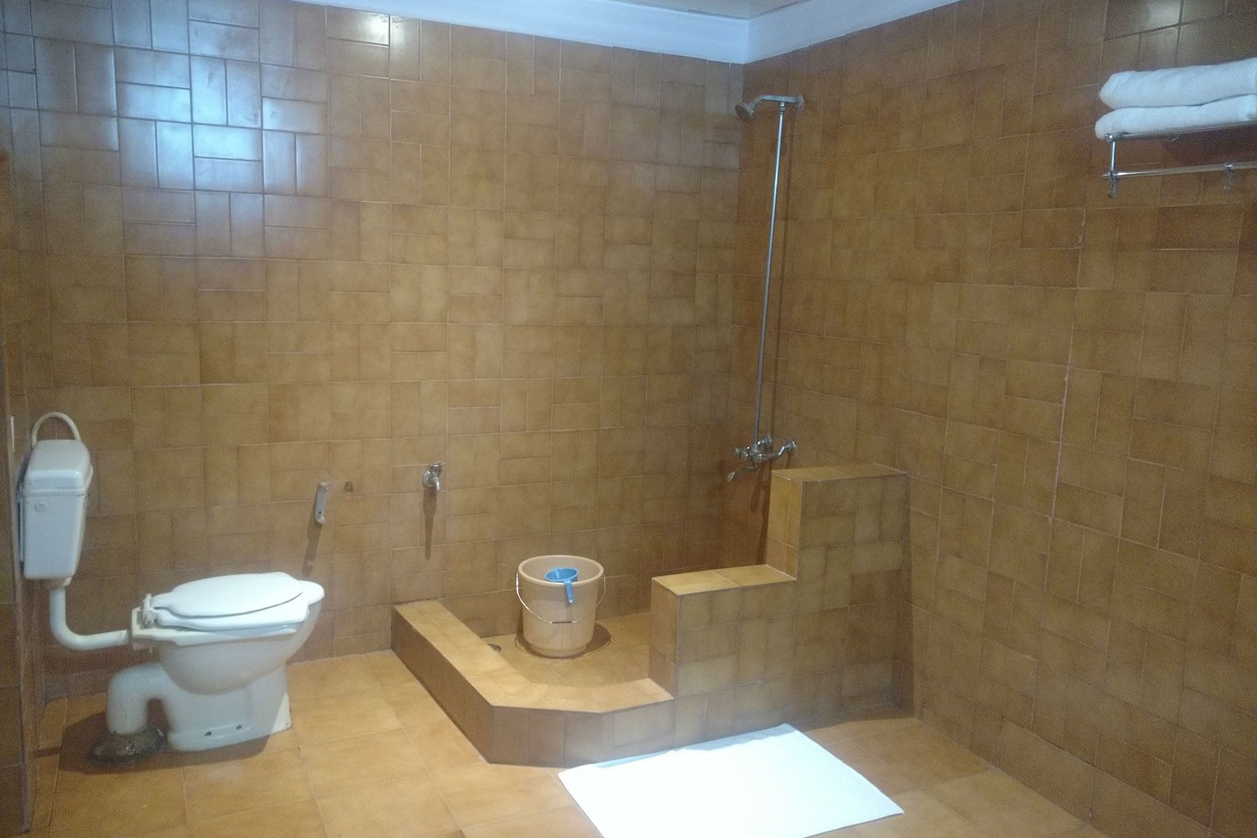 A bathroom with a toilet, a shower, and a sink.