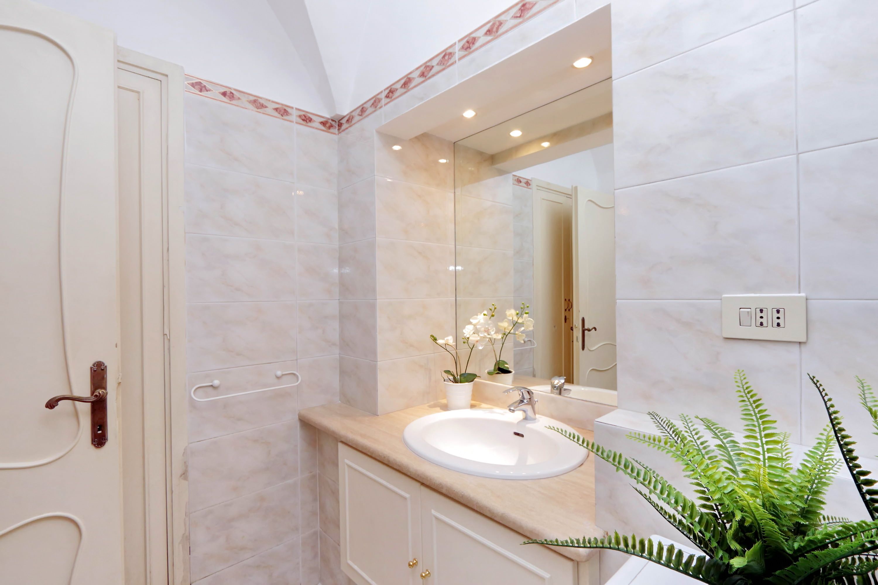 A bathroom with a white sink, mirror, and a potted fern.
