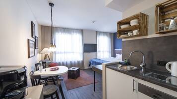 Hypo-allergenic bedding, desk, blackout drapes, soundproofing