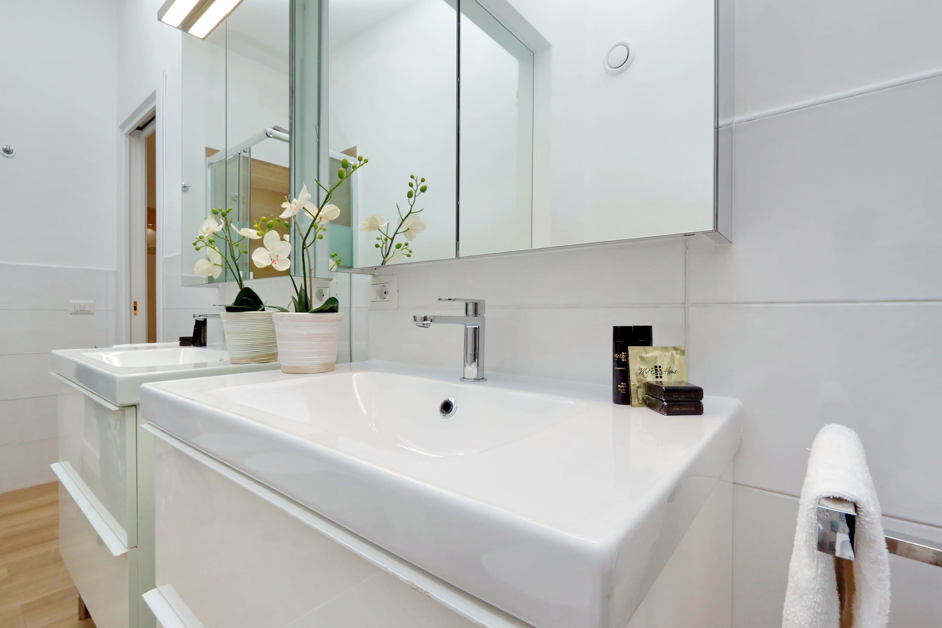 A modern bathroom with two sinks, a large mirror, and a potted orchid.