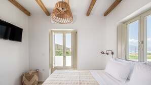 Un dormitorio con cama, televisión, lámpara de mimbre y vista al exterior a través de una puerta.