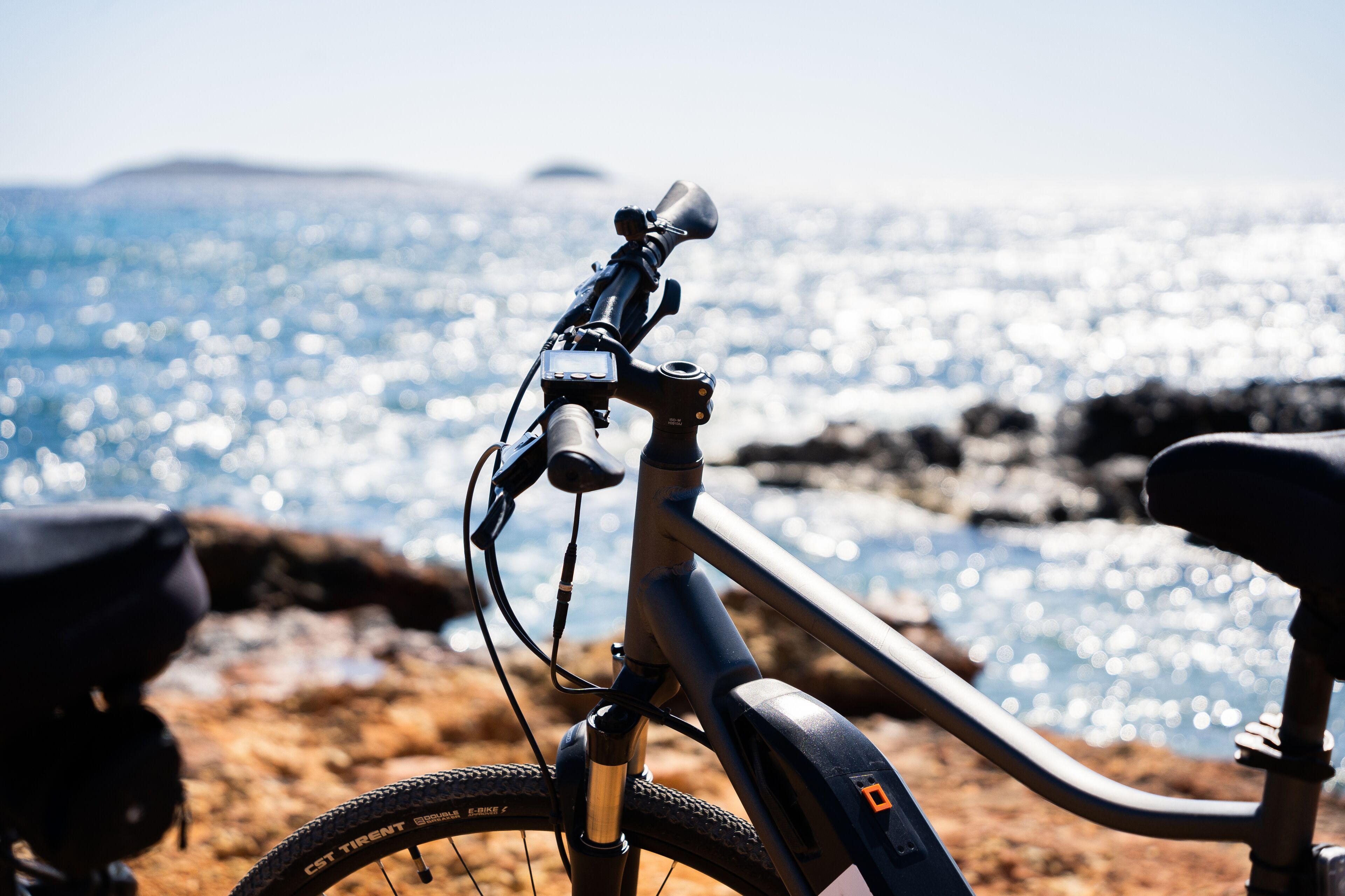 A bicycle with a water view in the background.
