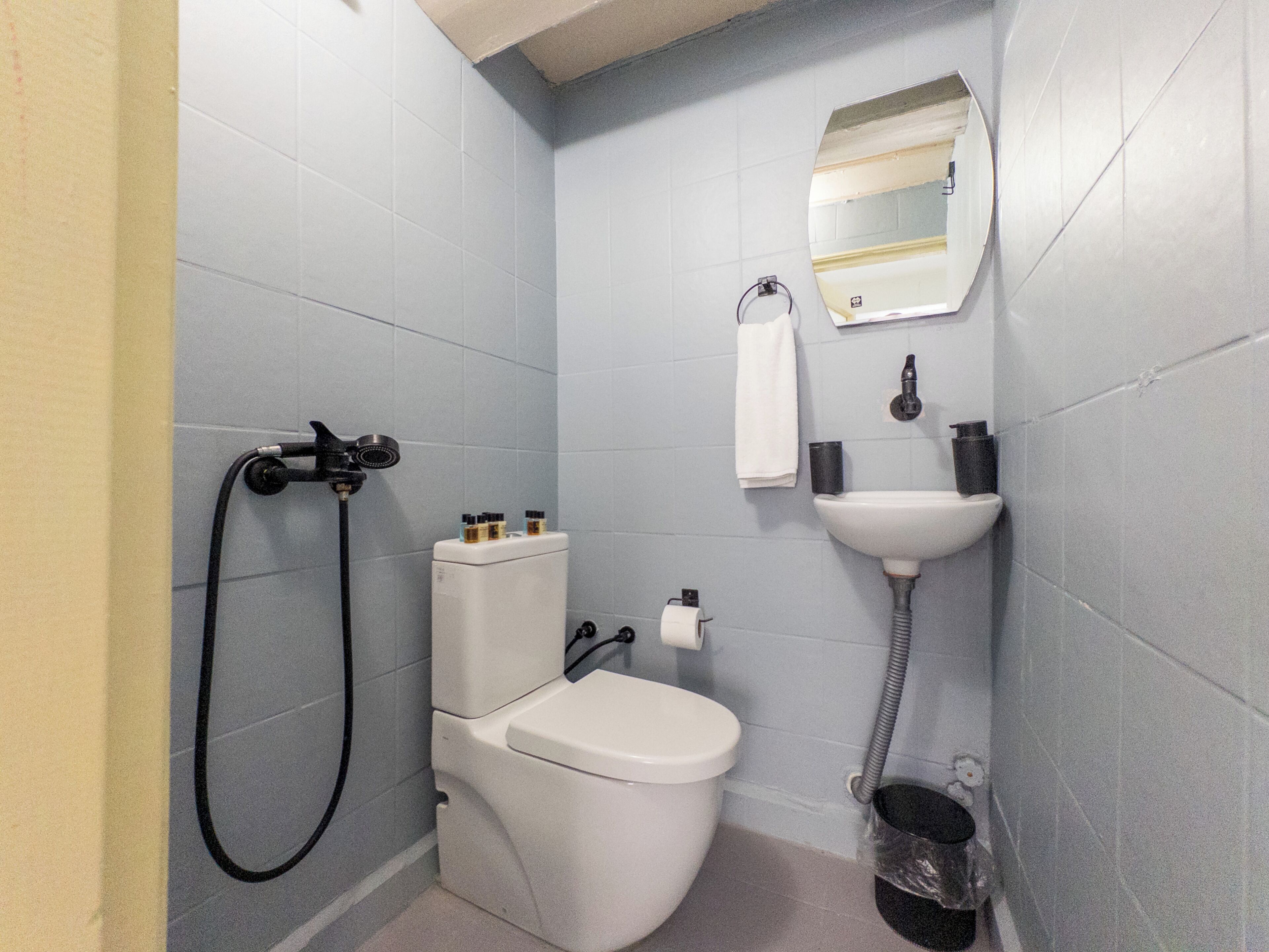 Un baño con inodoro, lavamanos y ducha.