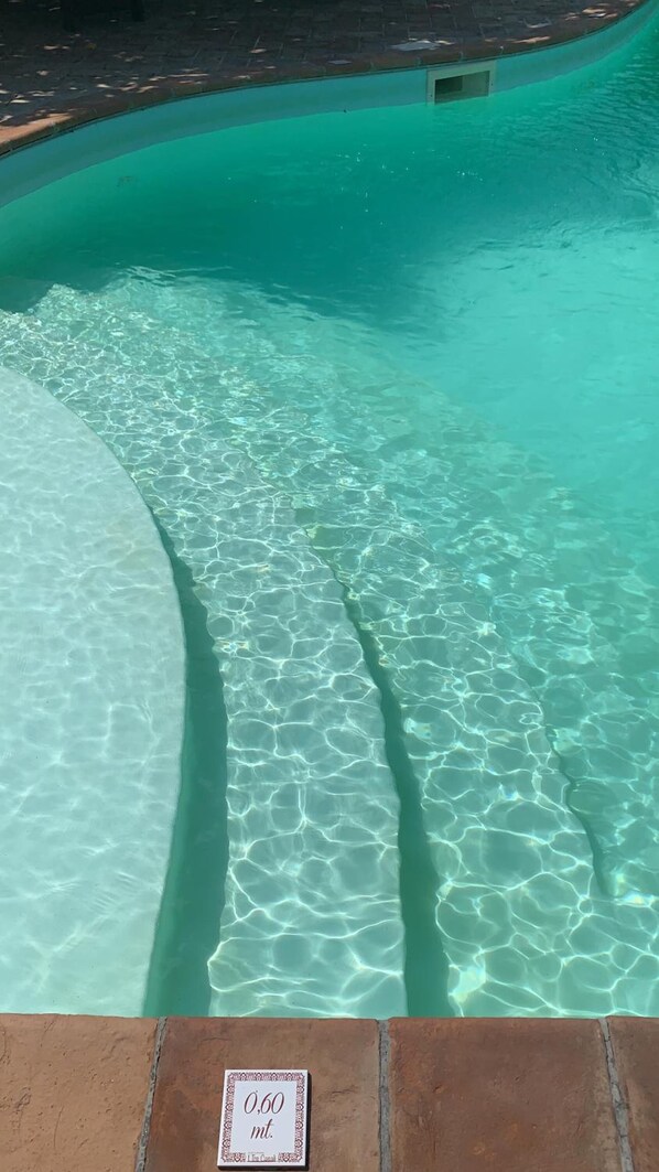 Piscine extérieure, chaises longues