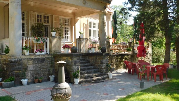 A covered outdoor seating area with stone steps leading up to a balcony, surrounded by potted plants and outdoor furniture. - Vila Arnau (Hostinne)