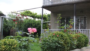 A garden with various plants and a pink rose bush. - Hotel Oniks (Kutaisi)
